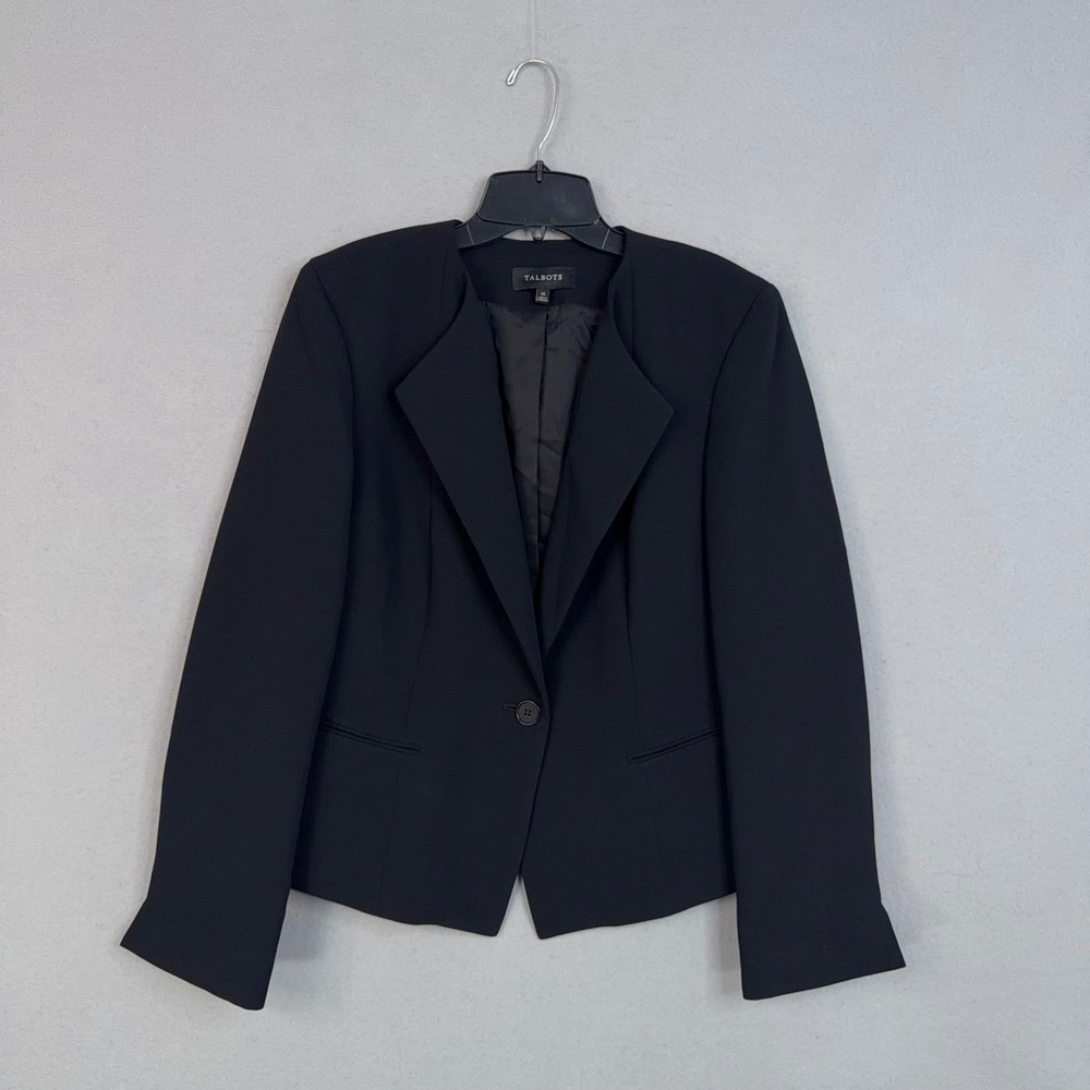 Talbots Blazer Womens 14 Black Single Button Collarless Professional Career